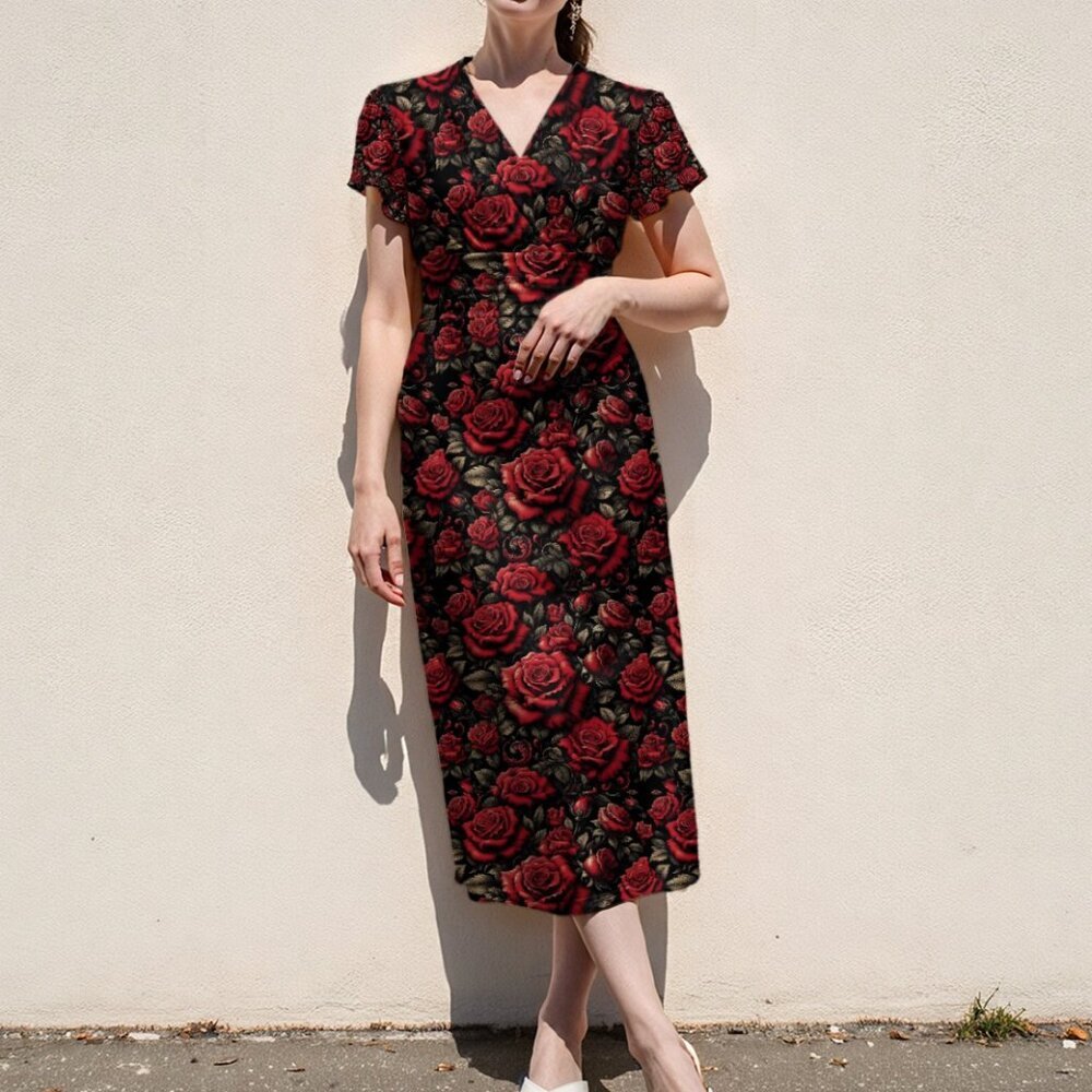 Rose Dress Short Sleeve Size Large Roses black Rockabilly Sexy Spring